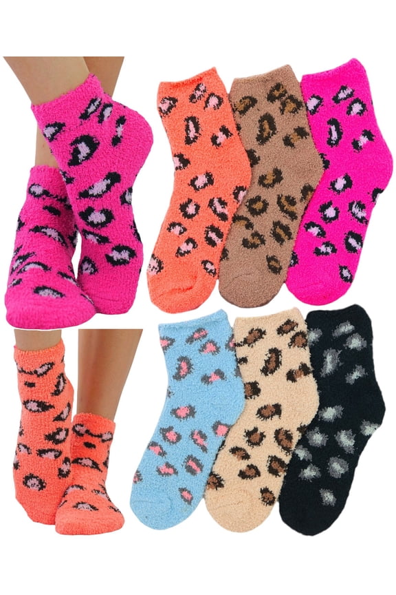 Women's Pack of 6 Soft Plush Warm Fuzzy Winter Socks - Leopard Spots