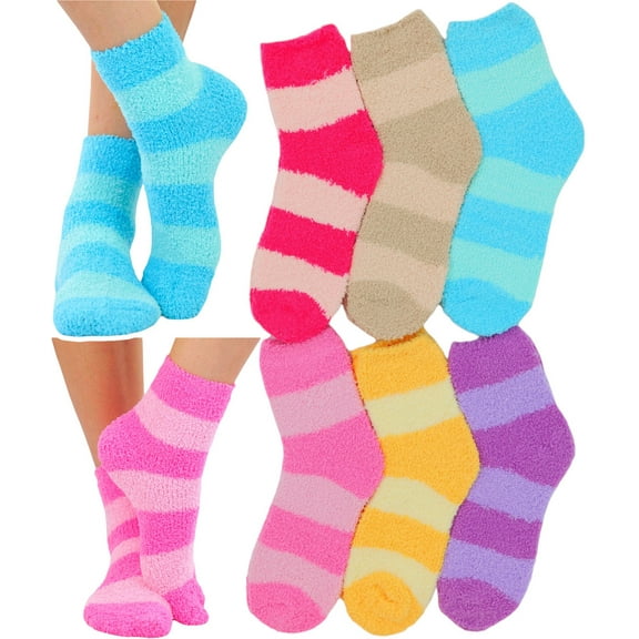 ToBeInStyle Women's Pack of 6 Soft Plush Warm Fuzzy Winter Socks - Pastel Striped
