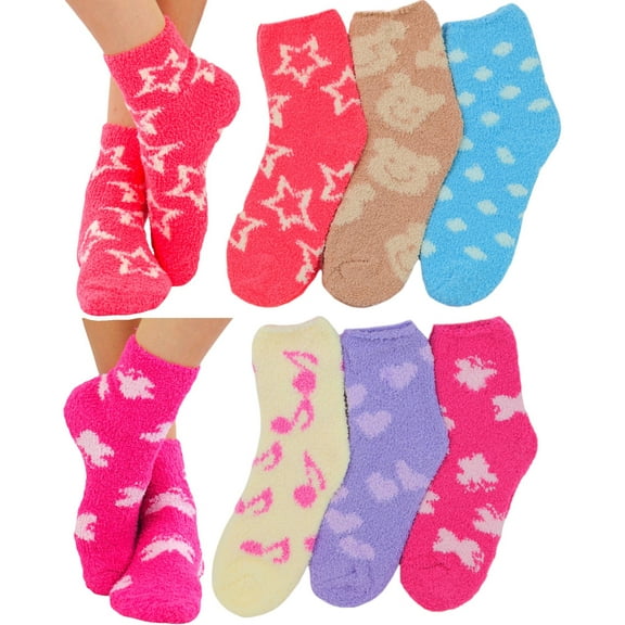 ToBeInStyle Women's Pack of 6 Soft Plush Warm Fuzzy Winter Socks - Vibrant w/ Cute Prints