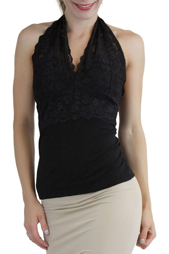Women's Padded Floral Lace Accent V-Neck Halter Style Top