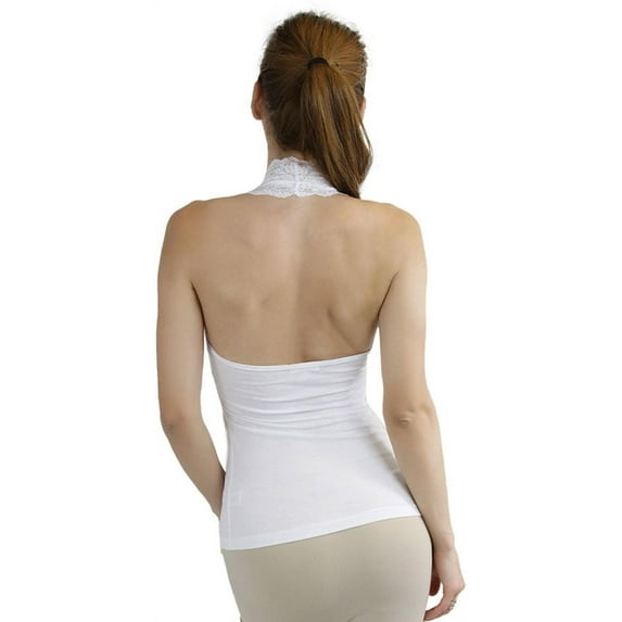 ToBeInStyle Women's Padded Floral Lace Accent V-Neck Halter Style Top