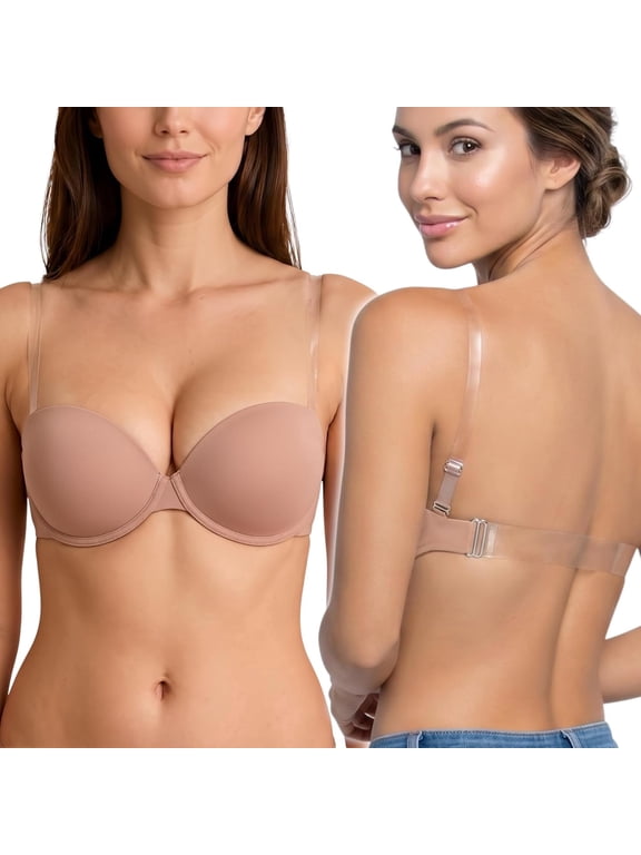 Women's Padded Wired Bra with Clear Convertible Straps - Beige - 34C