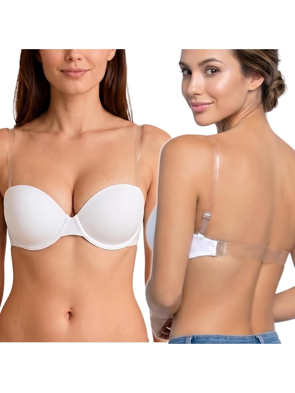 Women's Padded Wired Bra with Clear Convertible Straps - White - 38C