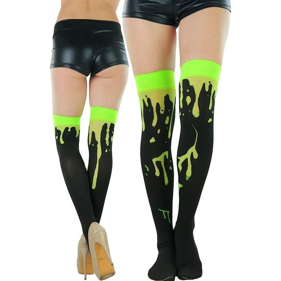 ToBeInStyle Women's Paint Splatter Thigh Highs - Black/Green - One Size
