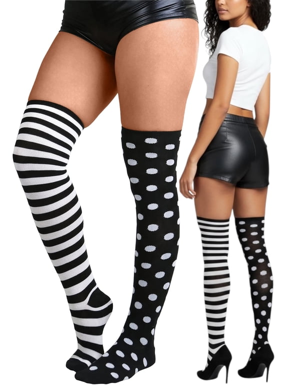 Women's Polka Dot And Striped Thigh High Socks -Black/White