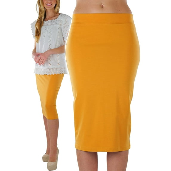 ToBeInStyle Women's Premium Cotton-Blend Basic Knee Skirt - Ash Mustard - M
