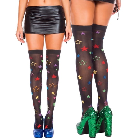 ToBeInStyle Women's Rainbow Neon Star Print Thigh High Socks - Black