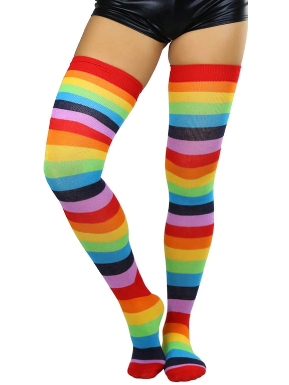 Women's Rainbow Striped Acrylic Thigh High - Bright Rainbow - One Size