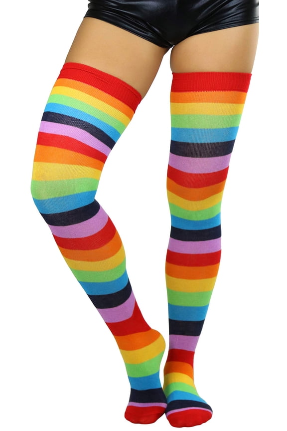 Women's Rainbow Striped Acrylic Thigh High - Bright Rainbow - One Size