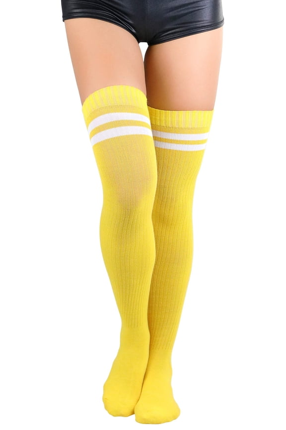 Women's Ribbed Double Striped Top Athletic Thigh Highs - Yellow/White