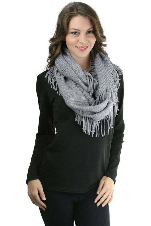 Women's Ribbed Fringe Infinity Scarf - Light Gray