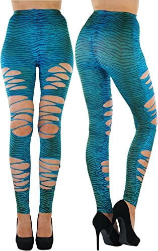 Zebra Print Ripped ToBeInStyle Women's Ripped Zebra Print Footless Tights - Turquoise ...