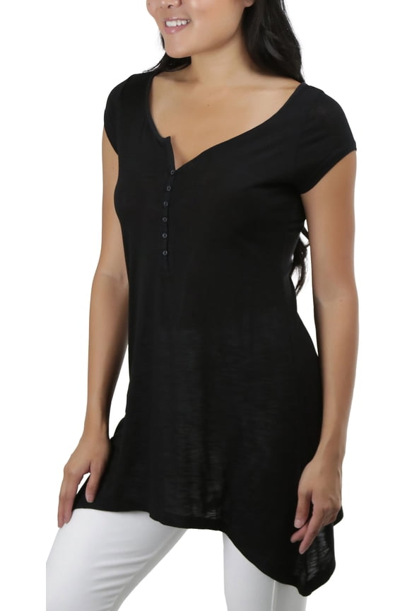Women's S.S. Button Collar V-Neck with Long End - Black - Medium