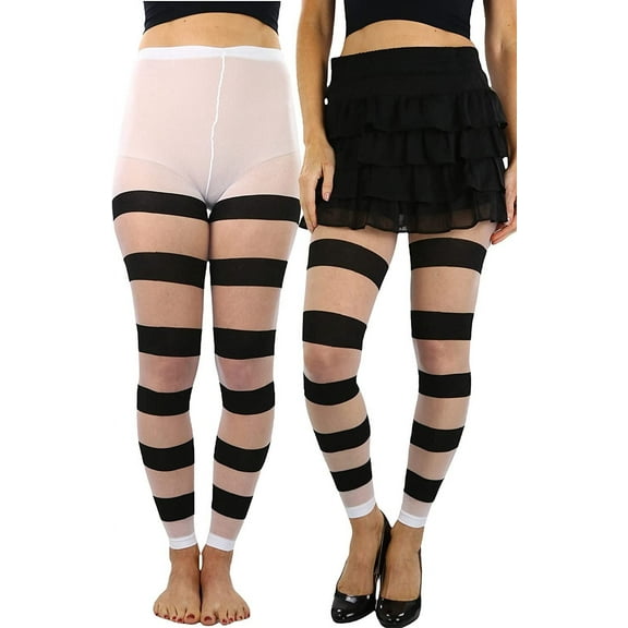 ToBeInStyle Women's Sheer Footless Extra Wide Horizontal Stripe Tights - White & Black - One Size