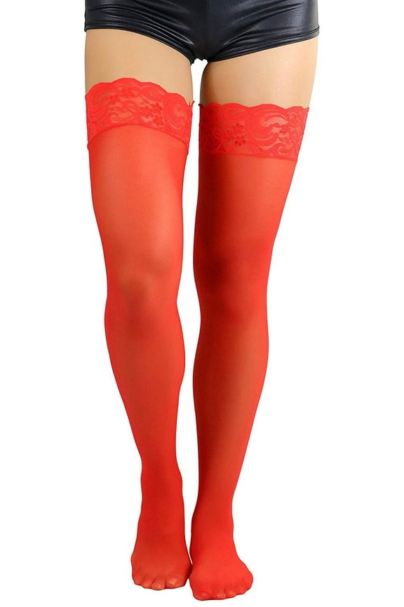 Women's Sheer Nylon Thigh High With Seamless Lace Top