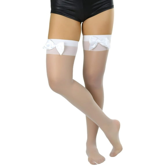 ToBeInStyle Women's Sheer Thigh Highs w/Bow on Top - White w/ White Bow - One Size