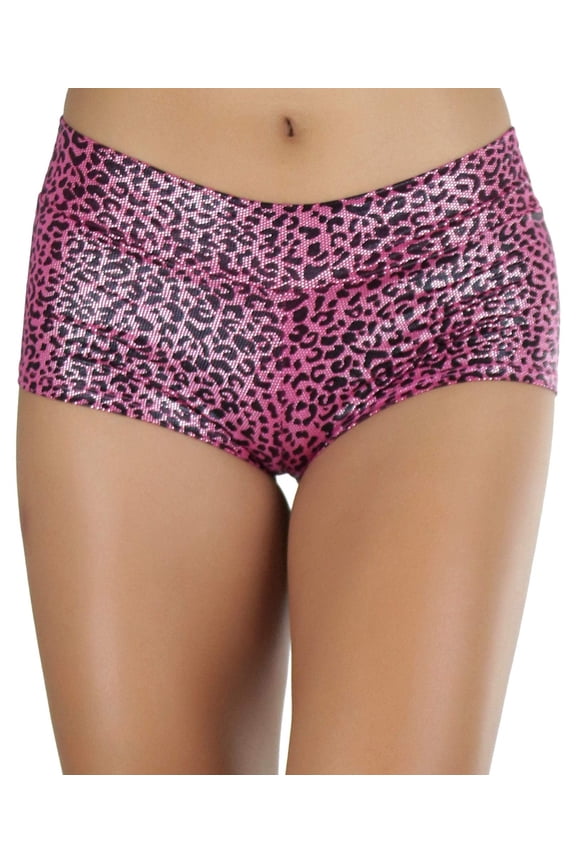 Women's Shiny Leopard Print Booty Shorts - Pink/Black - One Size
