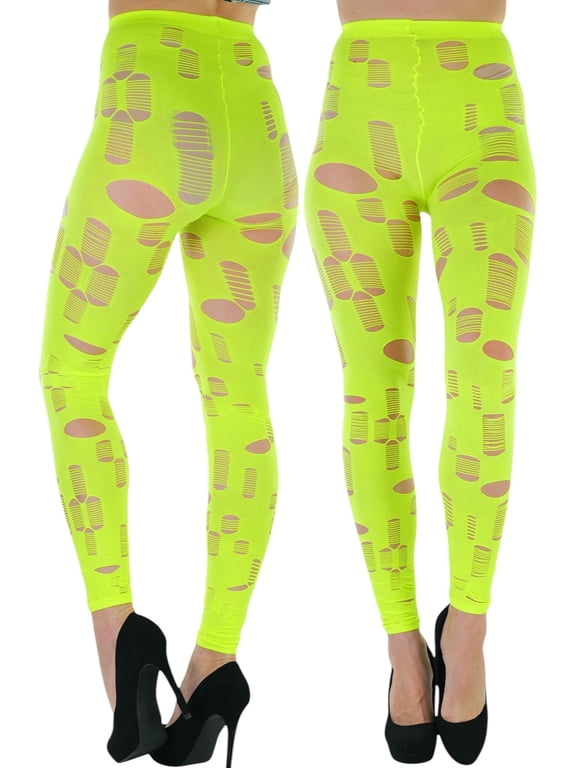 Women's Shredded Ripped Holes Punk Footless Tights - Neon Green - One Size