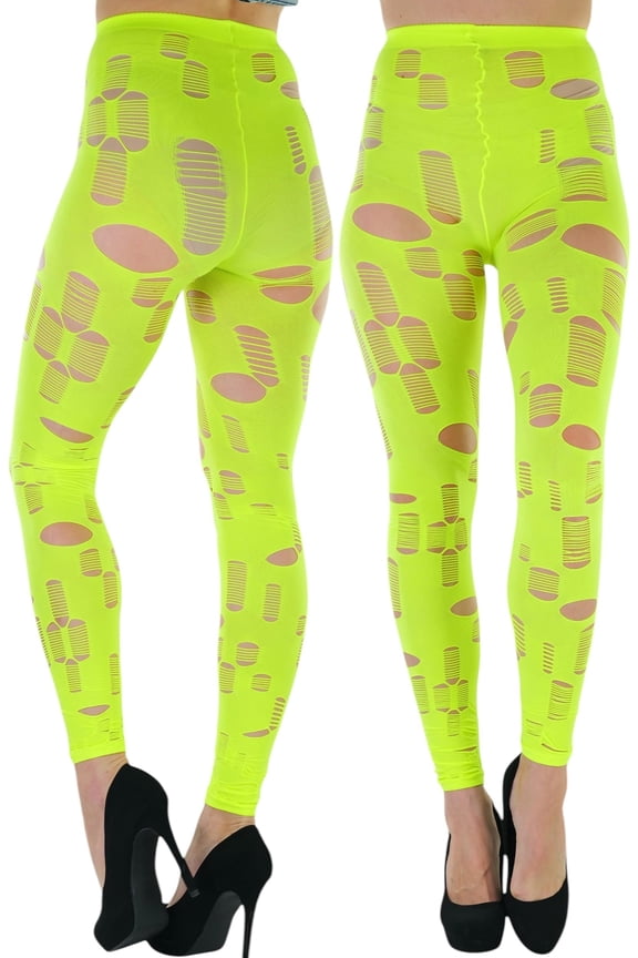 Women's Shredded Ripped Holes Punk Footless Tights - Neon Green - One Size
