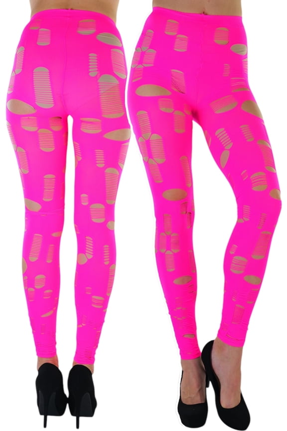 Women's Shredded Ripped Holes Punk Footless Tights - Neon Pink - One Size