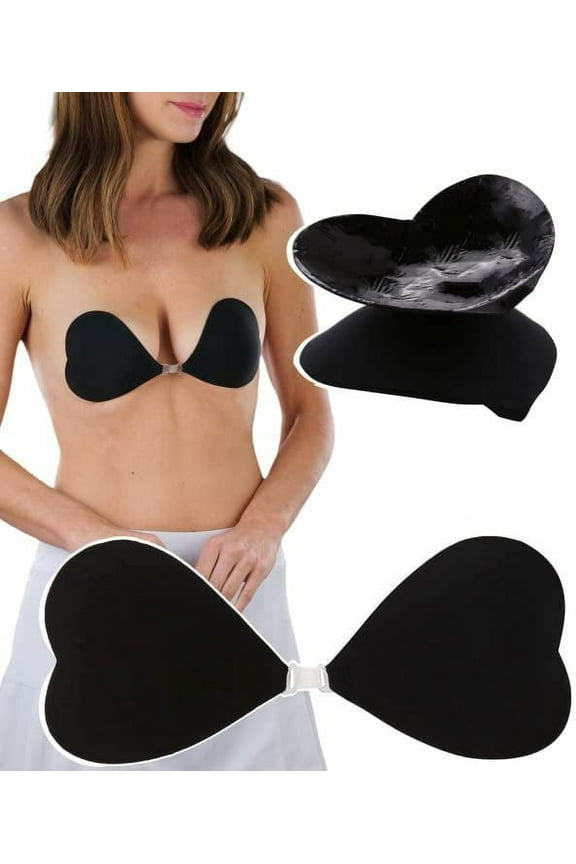 Women's Single Pair Self Adhesive Heart Shaped Cleavage Enhancing Lift Bra - Black