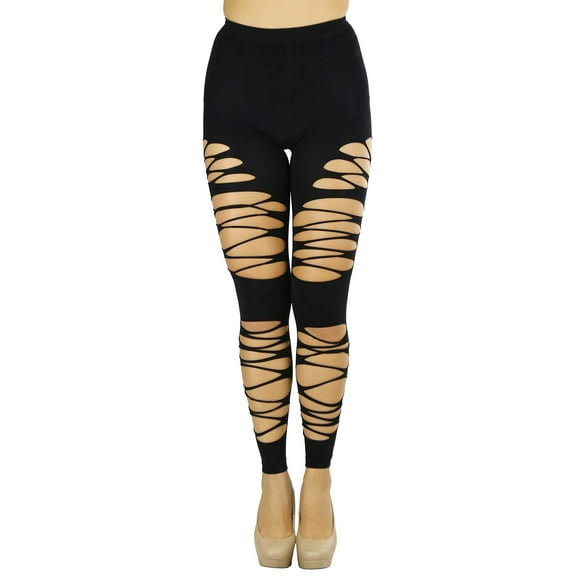 ToBeInStyle Women's Slashed Distressed Ripped Footless Tights - Black