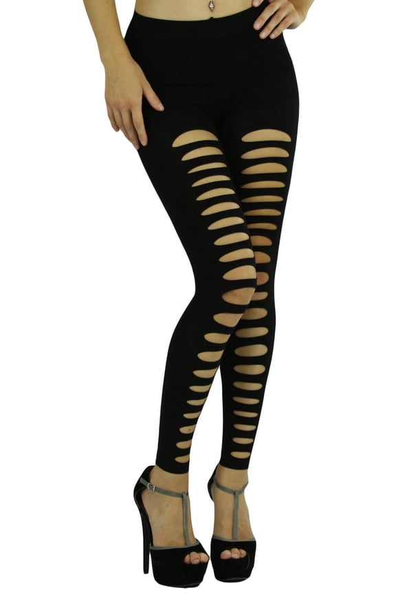 Women's Slashed Fashion Footless Tights - Black