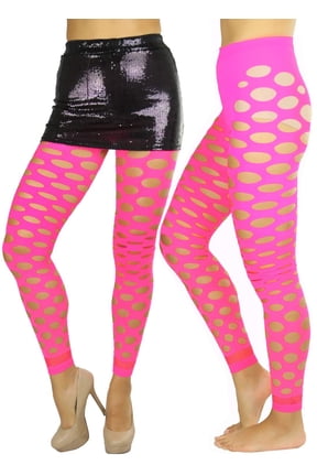 Women's Slashed Fishnet Footless Tights - Hot Neon Pink - One Size