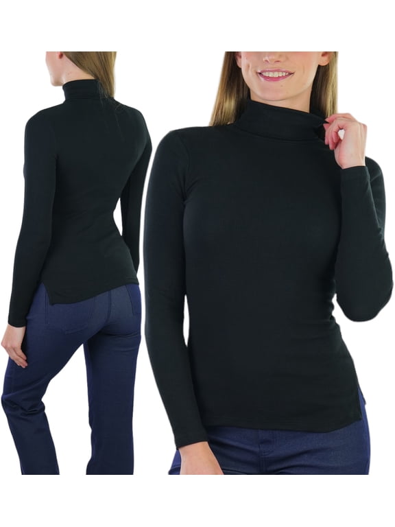 Women's Soft Cotton Long Sleeve Turtleneck Sweatshirt - Black - Medium