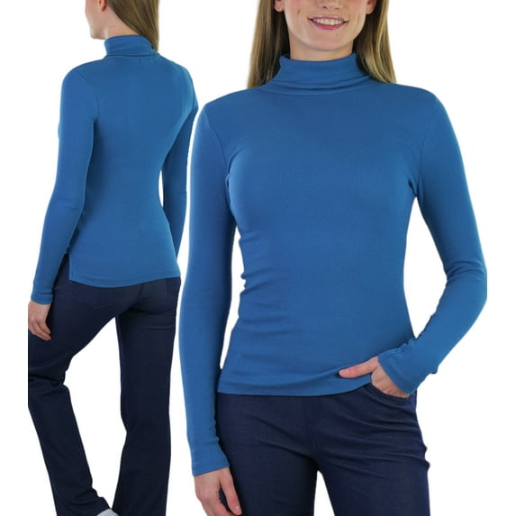 ToBeInStyle Women's Soft Cotton Long Sleeve Turtleneck Sweatshirt - Blue Ashes - Large