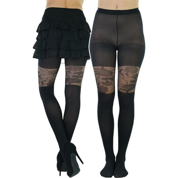 ToBeInStyle Women's Spandex Opaque Tights With Sheer Floral Top Design