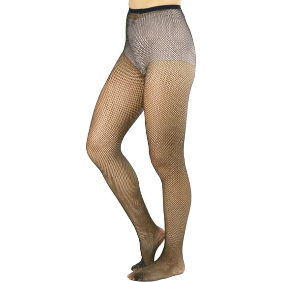 ToBeInStyle Women's Spandex Shimmer Glitter Fine Fishnet Pantyhose Tights - Black w/ Gold Glitter - One Size