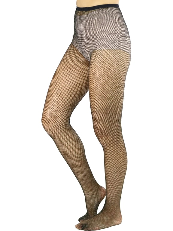 Women's Spandex Shimmer Glitter Fine Fishnet Pantyhose Tights - Black w/ Gold Glitter - One Size