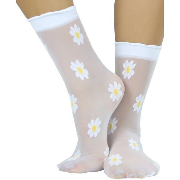 ToBeInStyle Women's Springtime Daisy Sheer Anklet Fashion Socks - White/Yellow