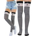 thumbnail image 1 of ToBeInStyle Women's Striped Skull Cross Bone Thigh High Stocking - Black w/ White Stripes - One Size, 1 of 7