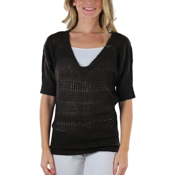 ToBeInStyle Women's Textured Mid-Sleeve V-Neck Cable Knit Sweater - Brown - S