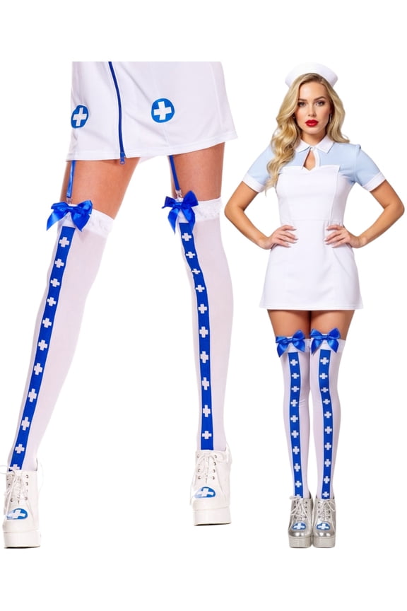 Women's Thigh High w/ Cross, Satin Bow, And Ruffle Lace Top - Blue - One Size