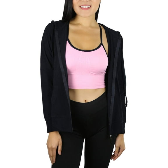 ToBeInStyle Women's Thin Fabric Long Sleeve Kangaroo Pocket Zip Up Hoodie - Black - Small