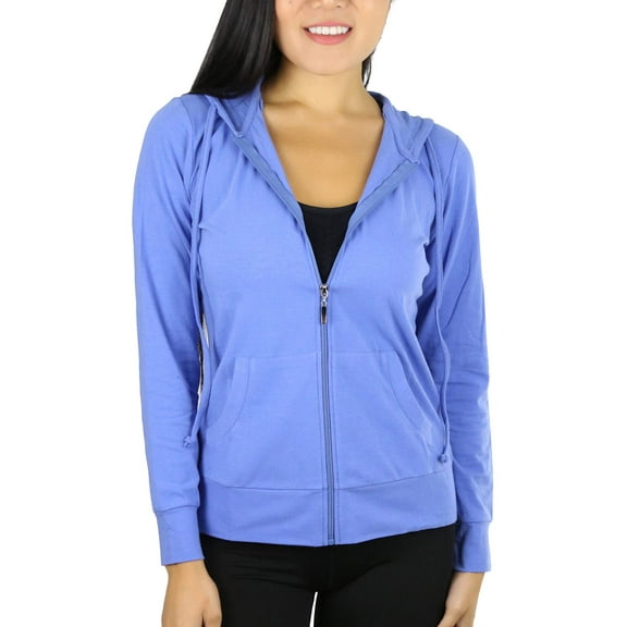 ToBeInStyle Women's Thin Fabric Long Sleeve Kangaroo Pocket Zip Up Hoodie - Blue - Medium