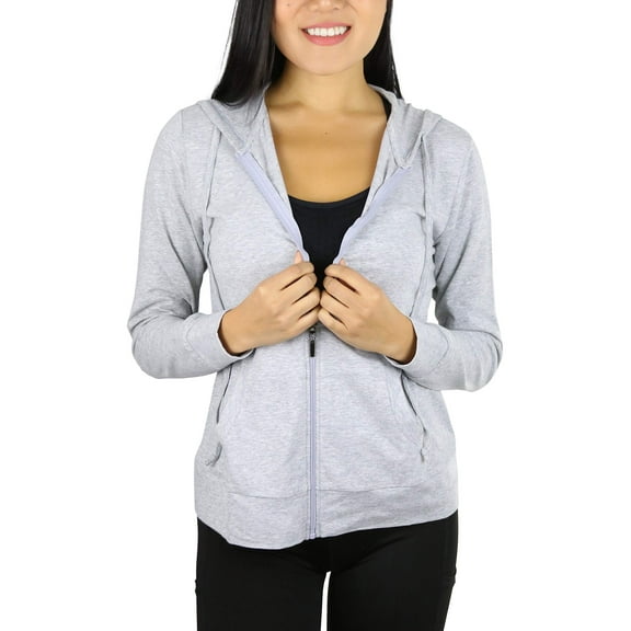 ToBeInStyle Women's Thin Fabric Long Sleeve Kangaroo Pocket Zip Up Hoodie - Heather Grey - Medium