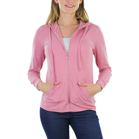 ToBeInStyle Women's Thin Fabric Long Sleeve Kangaroo Pocket Zip Up Hoodie - Mauve - Small