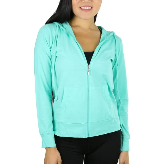 ToBeInStyle Women's Thin Fabric Long Sleeve Kangaroo Pocket Zip Up Hoodie - Mint - Large