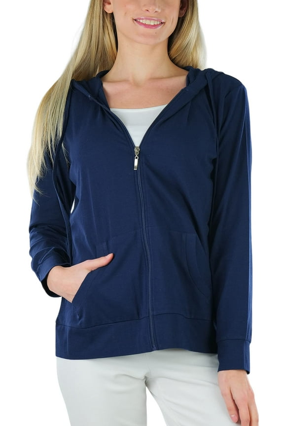 Women's Thin Fabric Long Sleeve Kangaroo Pocket Zip Up Hoodie - Navy - Large