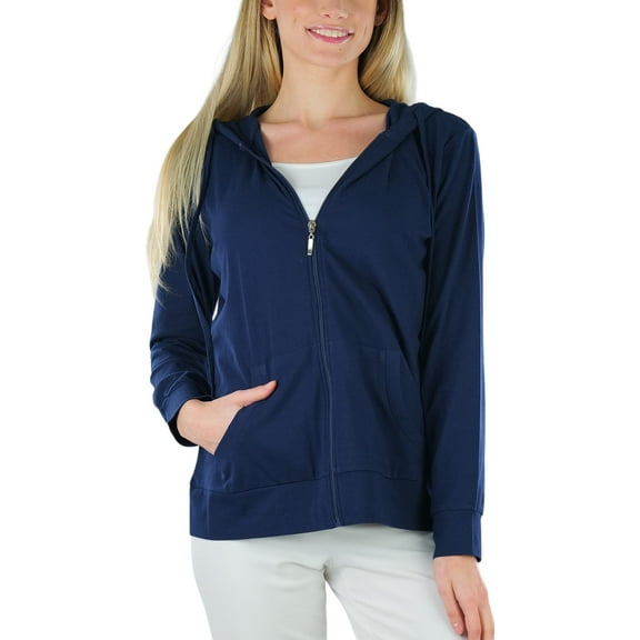 ToBeInStyle Women's Thin Fabric Long Sleeve Kangaroo Pocket Zip Up Hoodie - Navy - Small