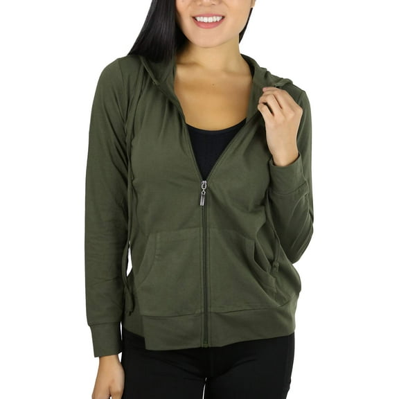 ToBeInStyle Women's Thin Fabric Long Sleeve Kangaroo Pocket Zip Up Hoodie - Olive - Small