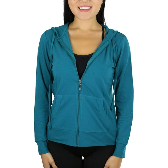ToBeInStyle Women's Thin Fabric Long Sleeve Kangaroo Pocket Zip Up Hoodie - Peacock - Medium