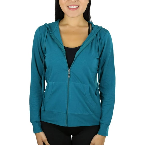 ToBeInStyle Women's Thin Fabric Long Sleeve Kangaroo Pocket Zip Up Hoodie - Peacock - Small