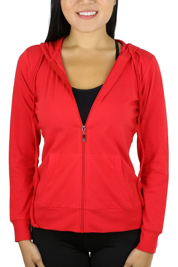 Women's Thin Fabric Long Sleeve Kangaroo Pocket Zip Up Hoodie - Red - Large