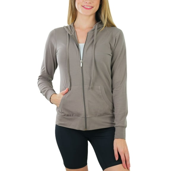 ToBeInStyle Women's Thin Fabric Long Sleeve Kangaroo Pocket Zip Up Hoodie - Taupe - Medium