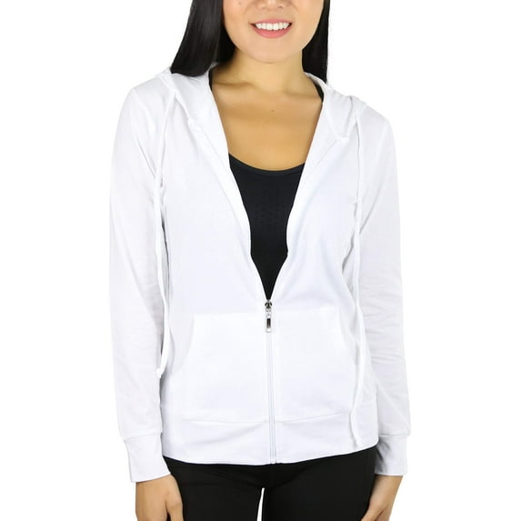 ToBeInStyle Women's Thin Fabric Long Sleeve Kangaroo Pocket Zip Up Hoodie - White - Medium